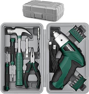 Hi-Spec 19 pièces Tournevis Électrique USB 3.6V Vert & Kit Outils Maison. Tournevis Sans Fil Rechargeable et Coffret Compact d’Outils à Main