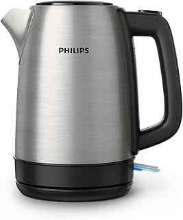 Philips Collection Daily Bouilloire Électrique en Inox - Capacité 1,7L, Résistance Plate pour Ébullition Rapide, Tamis Anti-Calcaire, Base 360° Sans Fil, Couvercle à Ressort (HD9350/90)