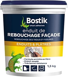 Bostik Enduit de Rebouchage Façade en Pâte – Prêt à l’Emploi – Intérieur/Extérieur – Tous Supports – Rebouchage et Égalisation de Trous et Fissures Jusqu’à 1 cm – Blanc – Pot 1,5 kg