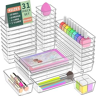 Radikor Lot de 31 Organisateurs de Tiroir, Rangement Tiroir en Plastique Transparent, Bacs de rangement avec 4 Tailles pour salle de bain, coiffeuse, Cuisine, Bureau, Papeterie, per Cosmétiques,Bijoux