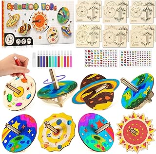 JoyJoyful Cadeau Enfant 5 6 7 8 9 10 Ans Garcon, 12 PCS Activité Manuelle Enfant, Toupie en Bois Kits de Loisir Creatif Toupie a Construire & Systeme Solaire Planete Peinture Bricolage