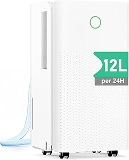 Deshumidificateur d Air - 12L/Jour Déshumidificateur Electrique Silencieux avec Compresseur, 3 Modes, Drainage Continu, Réservoir 2,2L, Minuterie 24h, Contre l
