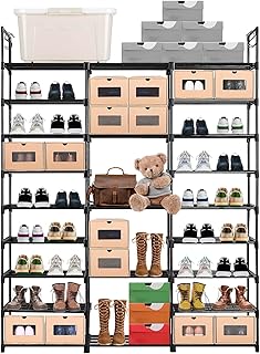 ALFKET Étagère à Chaussures, 9 Niveaux 3 Rangées Porte-Chaussures en Métal 50-55 Paires de Rangement, DIY Meuble Chaussure Etroit avec Crochets pour Salon, Dressing et Couloir, Noir