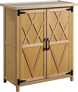 Outsunny Abri de Jardin Armoire de Jardin pour Outils 75L x 40l x 90H cm 3 étagères 2 Portes Toit en Asphalte imperméable Bois de Sapin Jaune