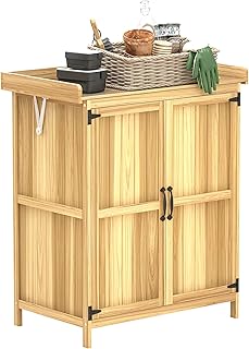 Outsunny Armoire de jardin en bois résistante aux intempéries - 74 x 43 x 88 cm - Toit rabattable, étagères, plan de travail, armoire à outils